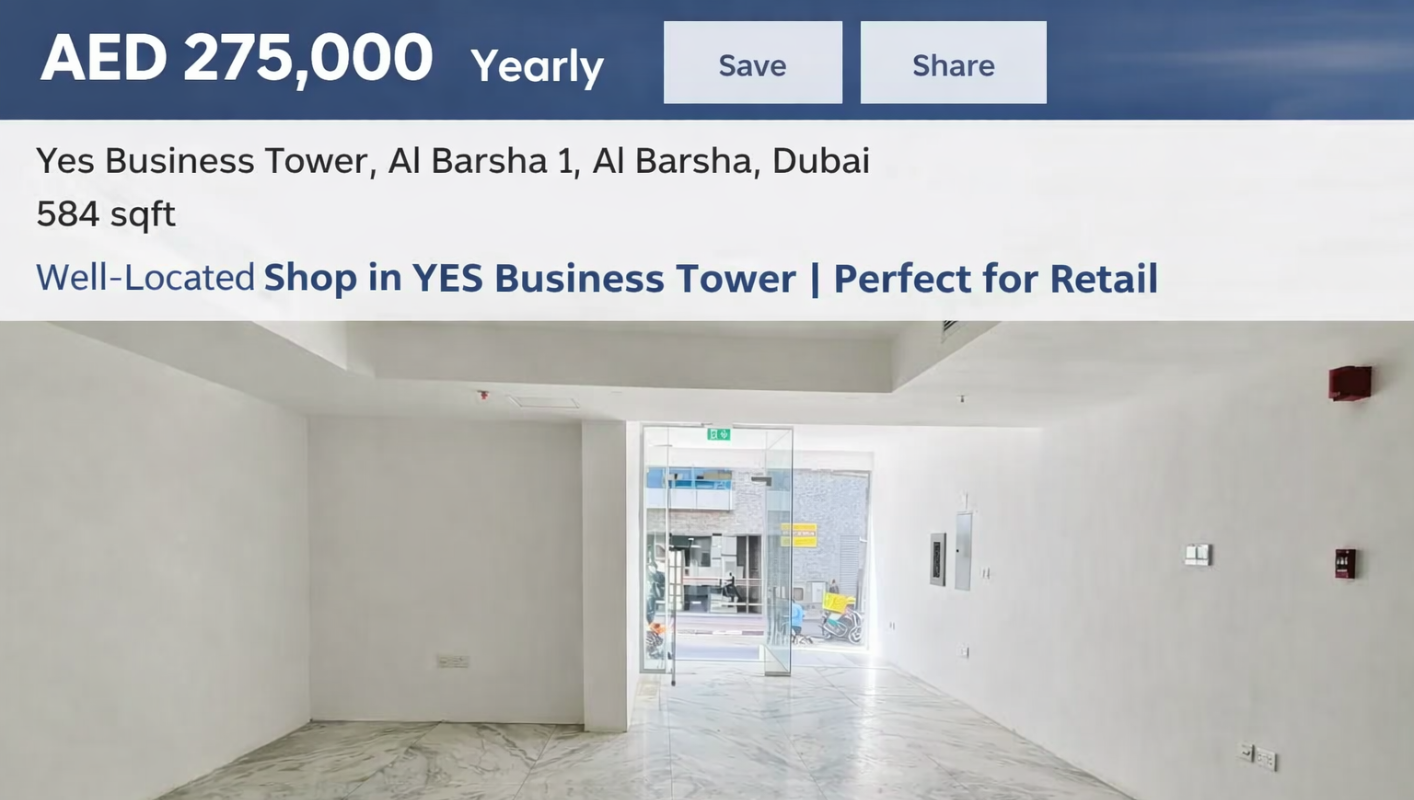 Shop for Rent in Al Barsha 1 Dubai — 584 Sqft Retail Space in YES Business Tower