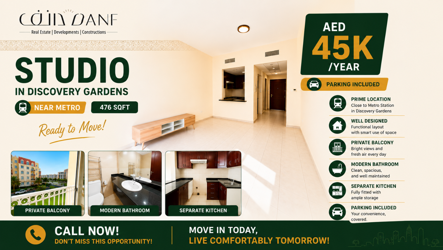 Studio for Rent in Discovery Gardens Dubai — AED 45,000/Year | DANF Group
