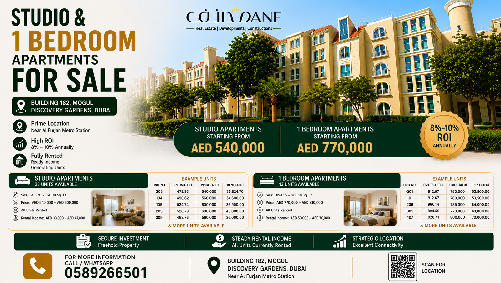 Studio & 1 Bedroom Apartments for Sale in Discovery Gardens, Dubai — Starting AED 540,000