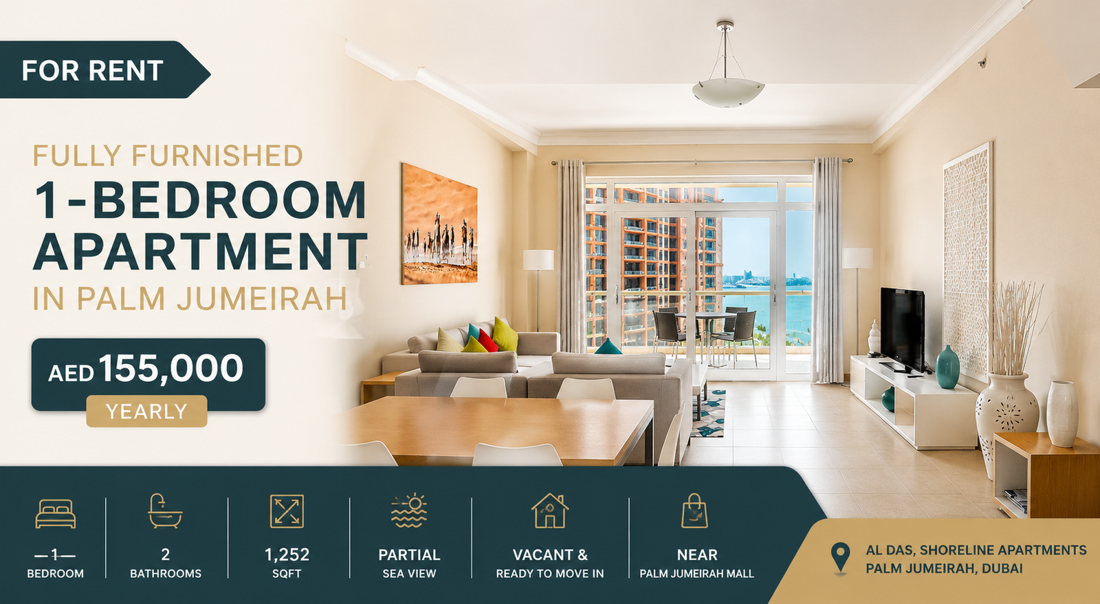 Fully Furnished 1-Bedroom Apartment for Rent in Palm Jumeirah – AED 155,000 Yearly