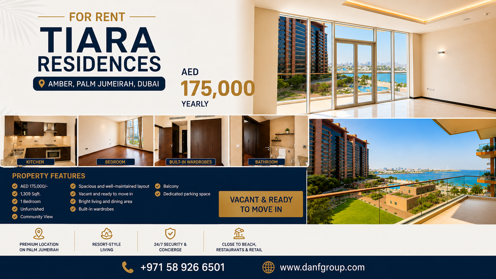 1-Bedroom Apartment for Rent in Amber Tiara Residences, Palm Jumeirah – AED 175,000 Yearly