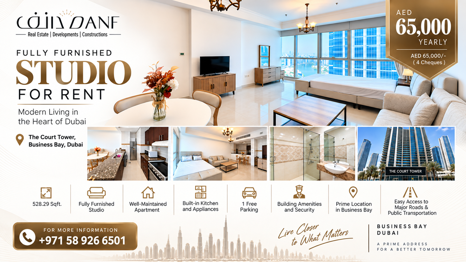 Fully Furnished Studio for Rent in Business Bay, Dubai – The Court Tower