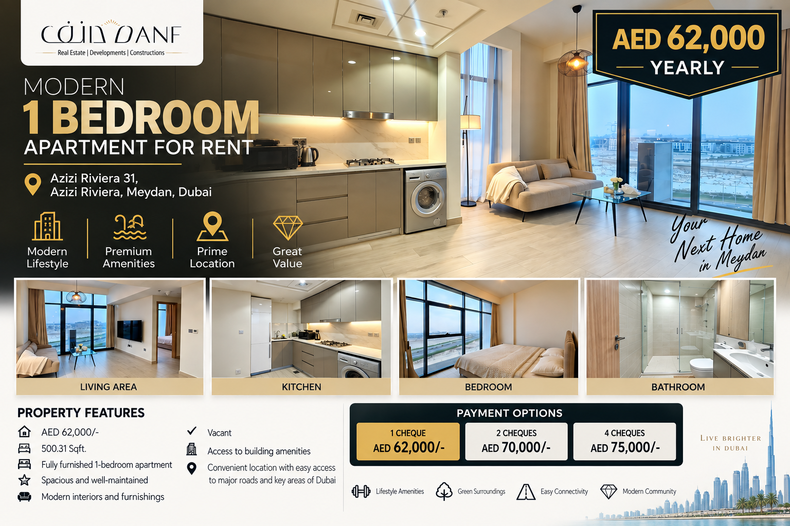 1 Bedroom Apartment for Rent in Azizi Riviera, Meydan Dubai — AED 62,000/Year